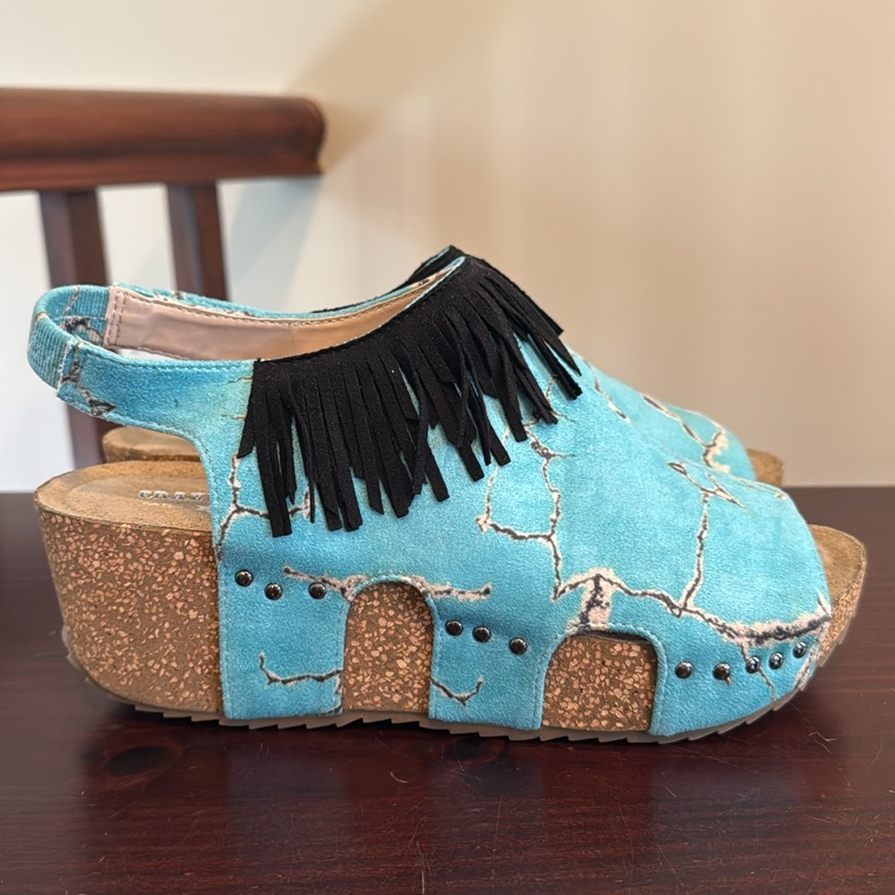 Crazy Train Turquoise stone fringe wedge platform faux suede sandals 9 - Picture 7 of 14